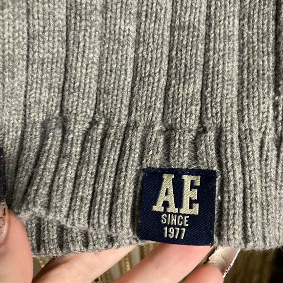 AE wool & cotton heavy knit sweater grey v neck with orange stripe - Picture 2 of 4